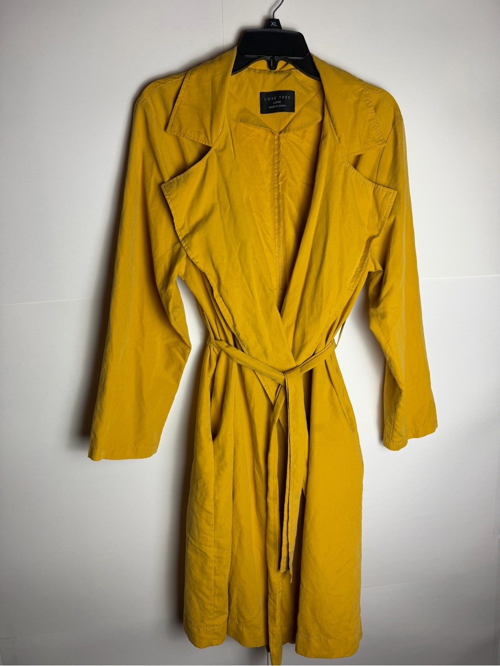 Love Tree Mustard Yellow Tie Waist Trench Duster Jacket Size Large